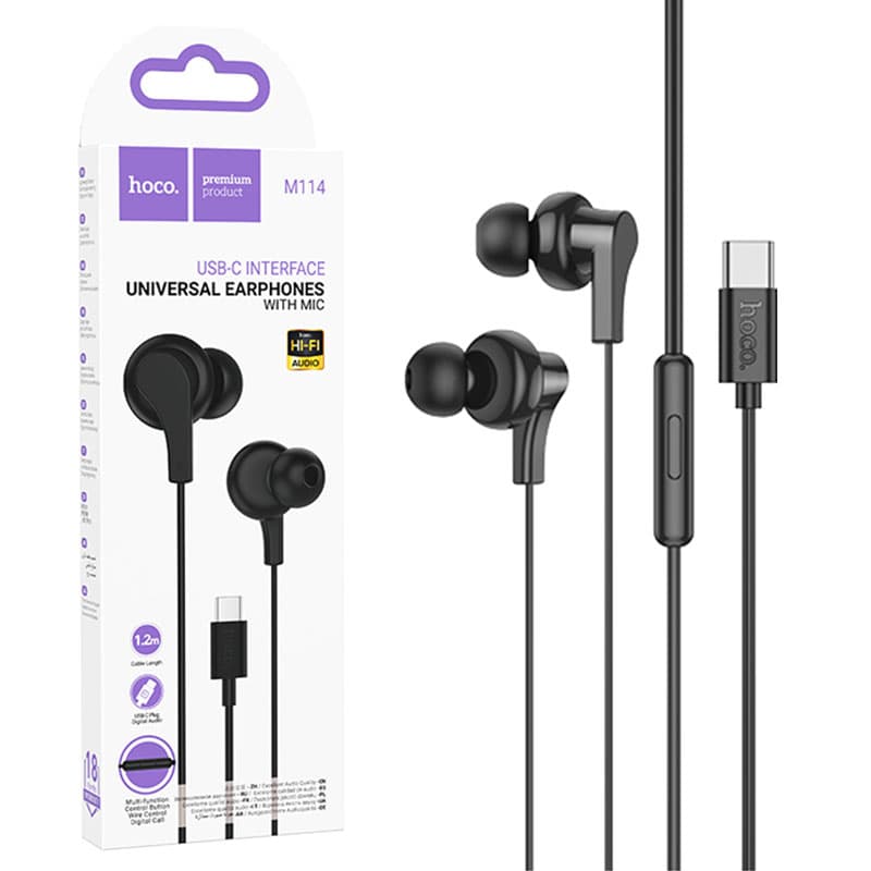 Hoco (M114) - Casti cu Fir, In Ear, USB-C, 1.2m, Mic &amp; Volume Key, Black 1