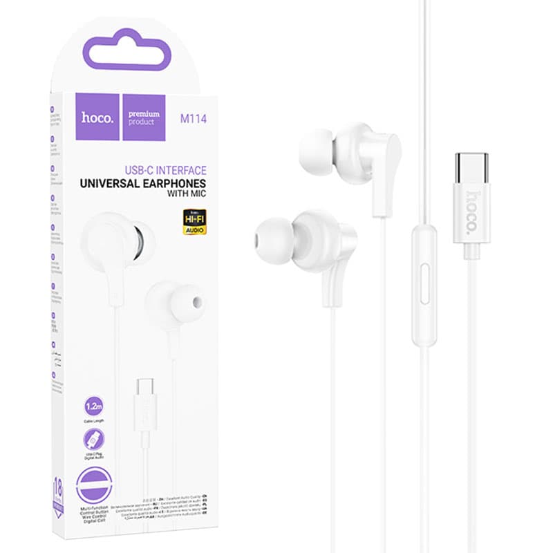 Hoco (M114) - Casti cu Fir, In Ear, USB-C, 1.2m, Mic &amp; Volume Key, White 1