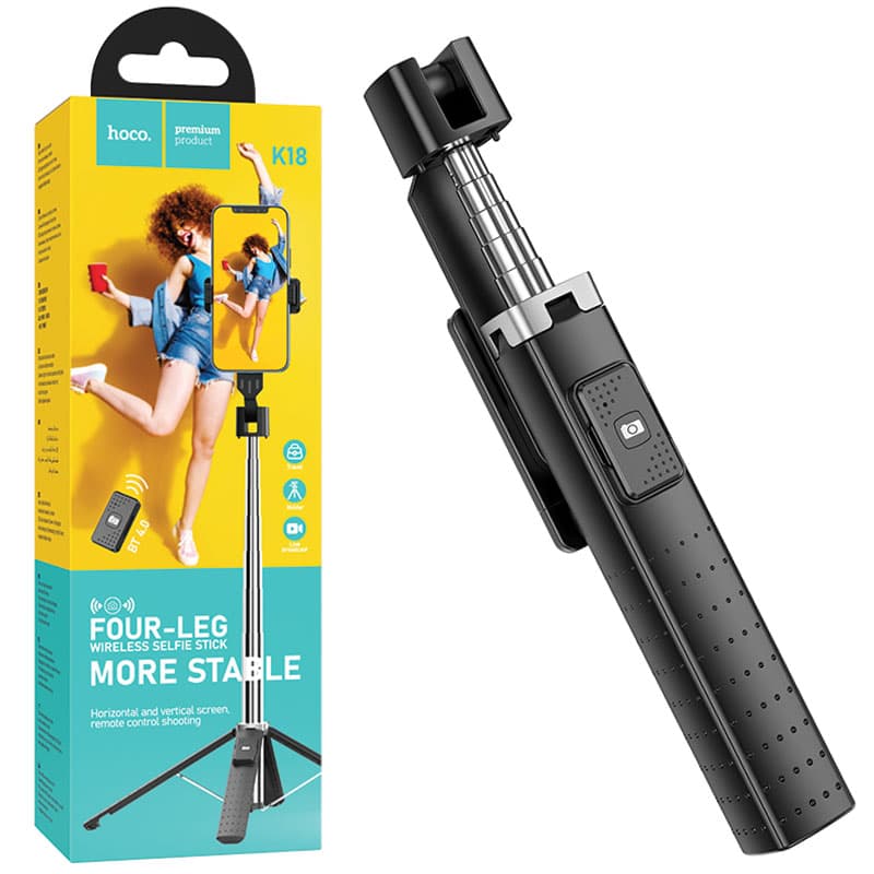 Hoco (K18) - Suport Stand, tiPhone Selfie, 2 in 1, Telescopic, Inox, cu telecomanda BT, Black 1