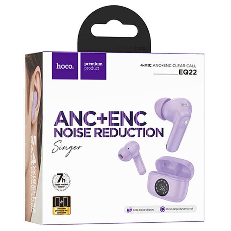 Hoco (EQ22) - Casti Wireless, Ear Buds, BT 5.4, 40/400mAh, ANC+ENC, PowerLED, Taro/Purple 1