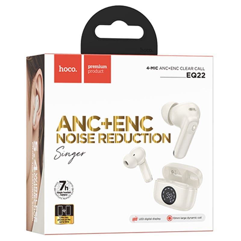 Hoco (EQ22) - Casti Wireless, Ear Buds, BT 5.4, 40/400mAh, ANC+ENC, PowerLED, Cloudy/White 1