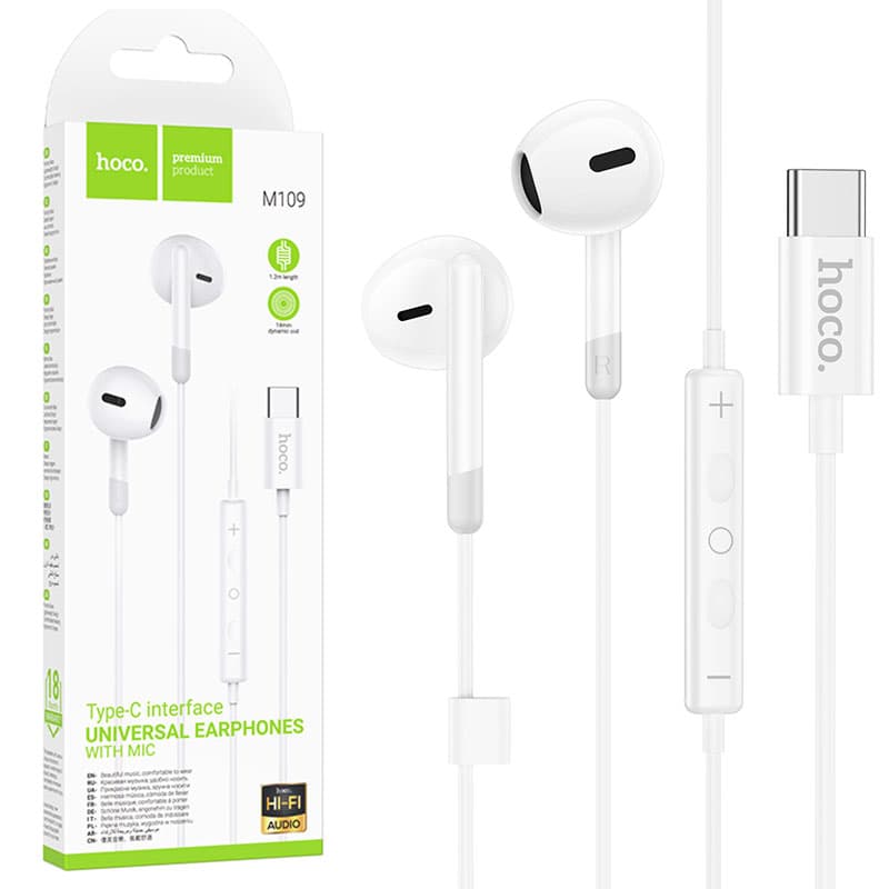 Hoco (M109) - Casti cu Fir, In Ear, USB-C, 1.2m, Mic &amp; Volume Key, HiFi, White 1