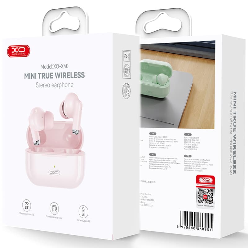 XO (X40) - Casti Wireless, Ear Buds, BT 5.3, 250mAh, Pink 1