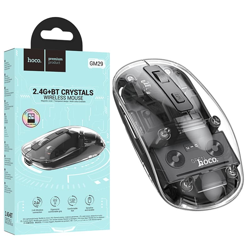 Hoco (GM29) - Mouse pentru PC/Laptop, Dual Mode BT / Wireless, Clear/Black