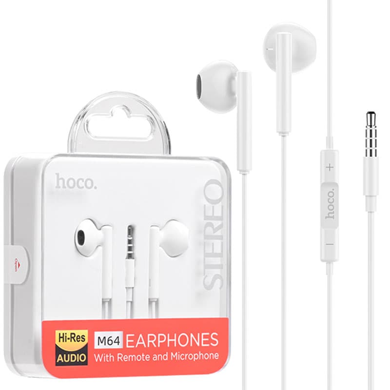 Hoco (M64) - Handsfree, In Ear, 3.5mm, 1.2m, Driving, Mic &amp; Volume Key, HiFi, White 1