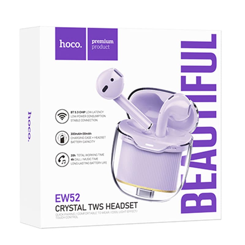 Hoco (EW52) - Casti Wireless, Ear Buds, BT 5.3, 180h StandBy, 300mAh, Crystal, Purple 1