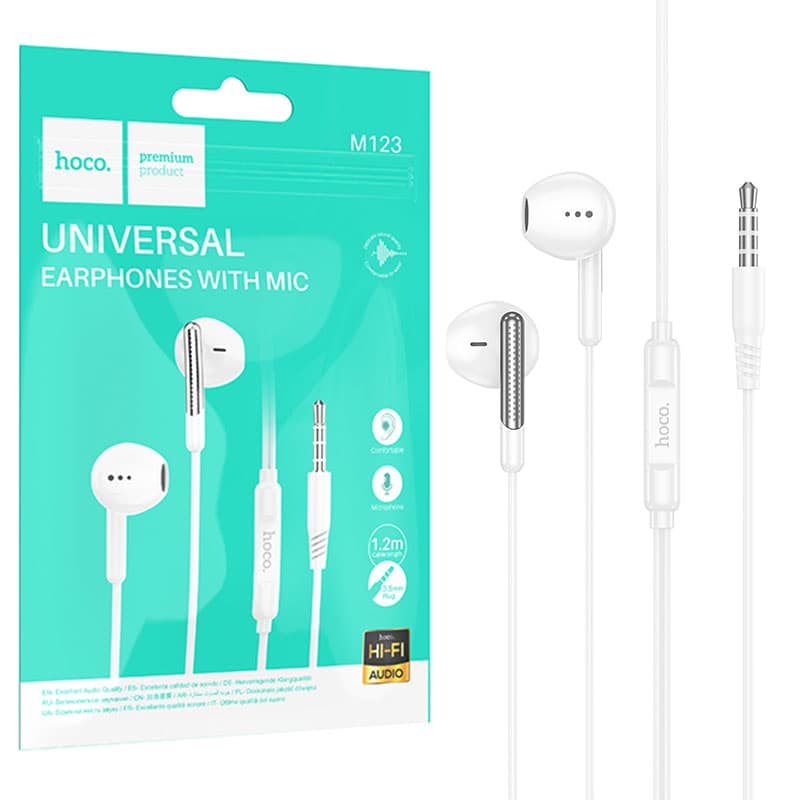 Hoco (M123) - Casti cu Fir, In Ear, 3.5mm, 1.2m, Mic &amp; Volume Key, HiFi, White 1