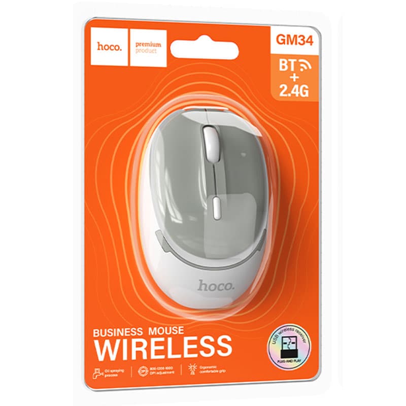 Hoco (GM34) - Mouse Dual, BT 5.0/ Wireless 2.4G, 1.600 DPI, 4D Button, Nuevo, Grey/White