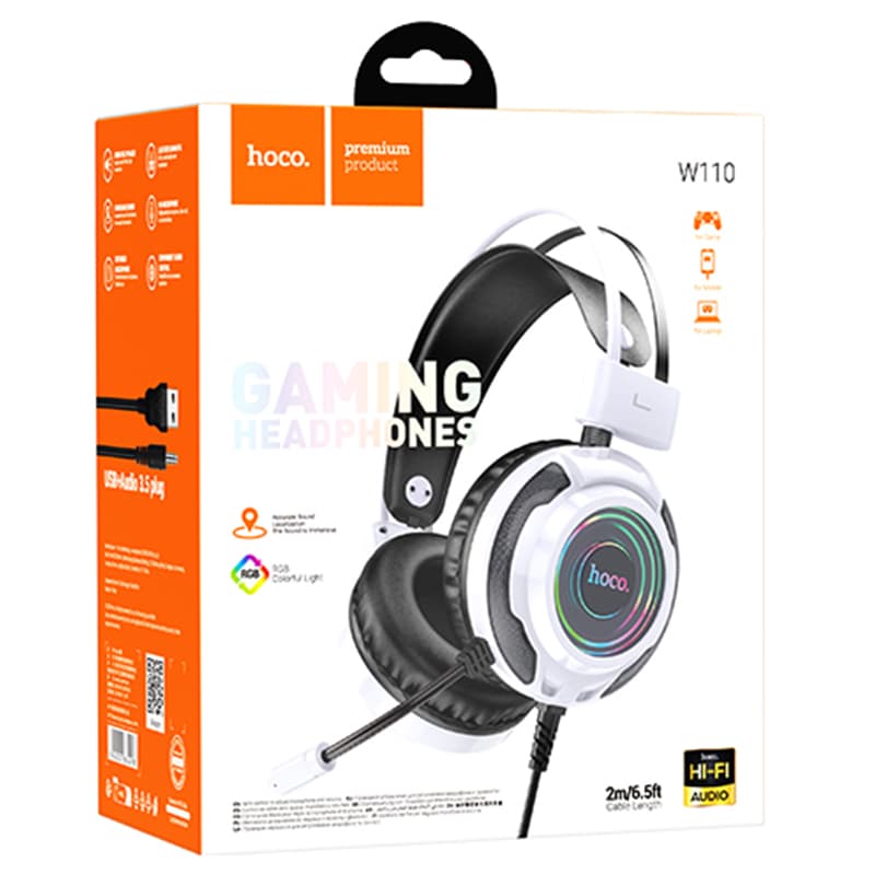 Hoco (W110) - Casti cu Fir, Over Ear, 3.5mm, 2m cablu, Gaming, Light Ambient, White 1