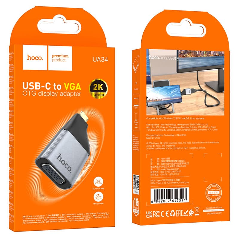 Hoco (UA34) - Adaptor OTG Transfer, USB-C la VGA, Video Transfer, 2K, 60H, Grey 1