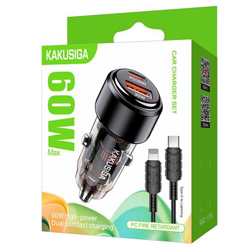 Kaku (KSC-1176) - Incarcator Auto + Cablu Lightning, 60W, 1xUSB-C, 1xUSB-A, QC 3.0, Black 1