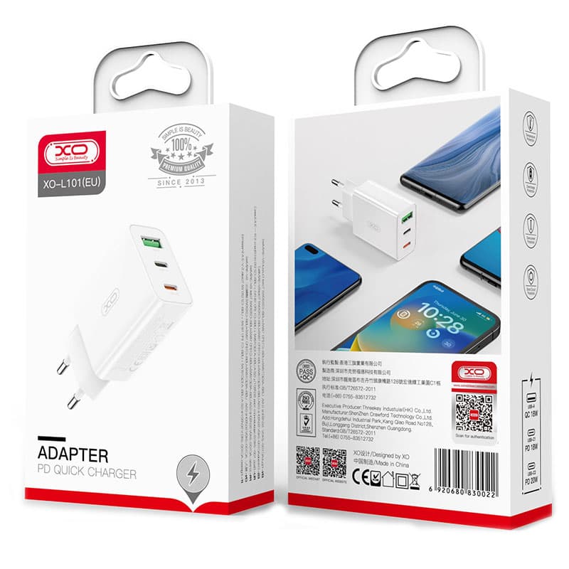 XO (L101) - Incarcator Retea, 20W, 2xUSB-C, 1xUSB-A, PD, QC 3.0, White 1