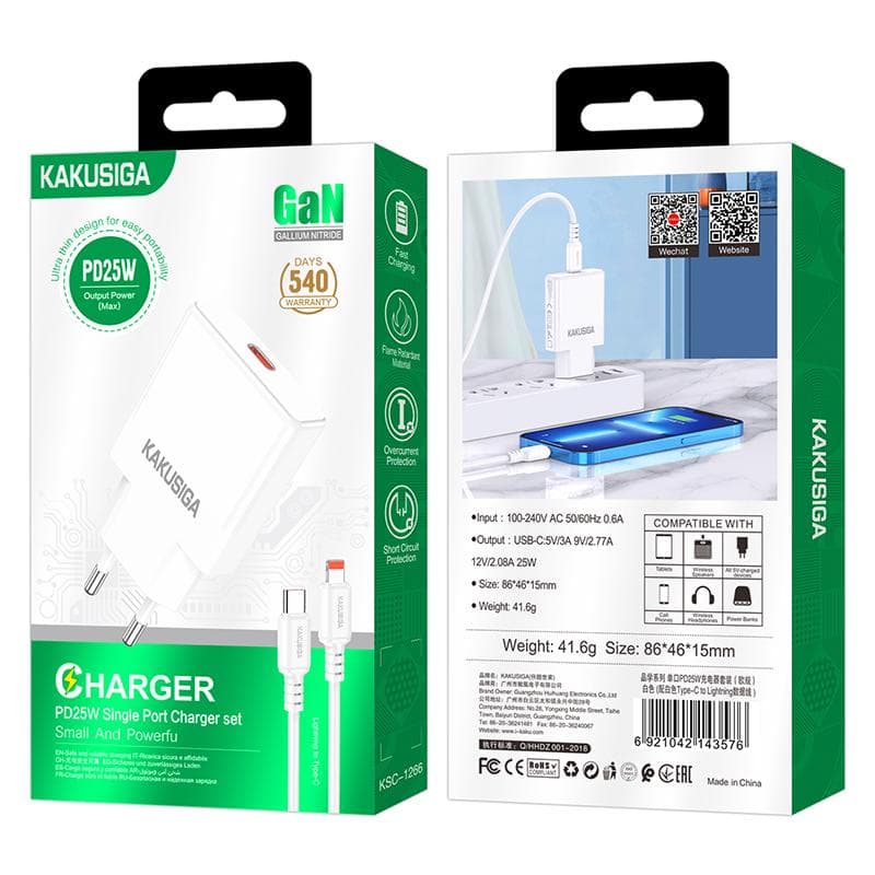 Kaku (KSC-1266) - Incarcator Retea + Cablu Lightning, 1m, PD25W, 1xUSB-C, FastCharge, White 1