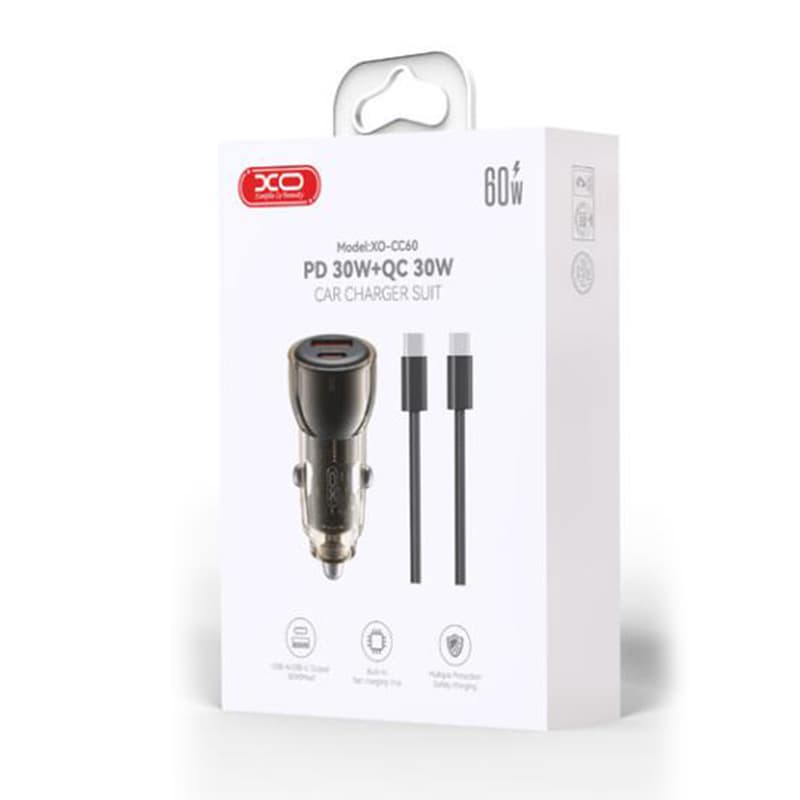 XO (CC60) - Incarcator Auto cu Cablu, 60W, 1xUSB-C, 1xUSB-A, PD, QC 3.0, Smart, Black 1
