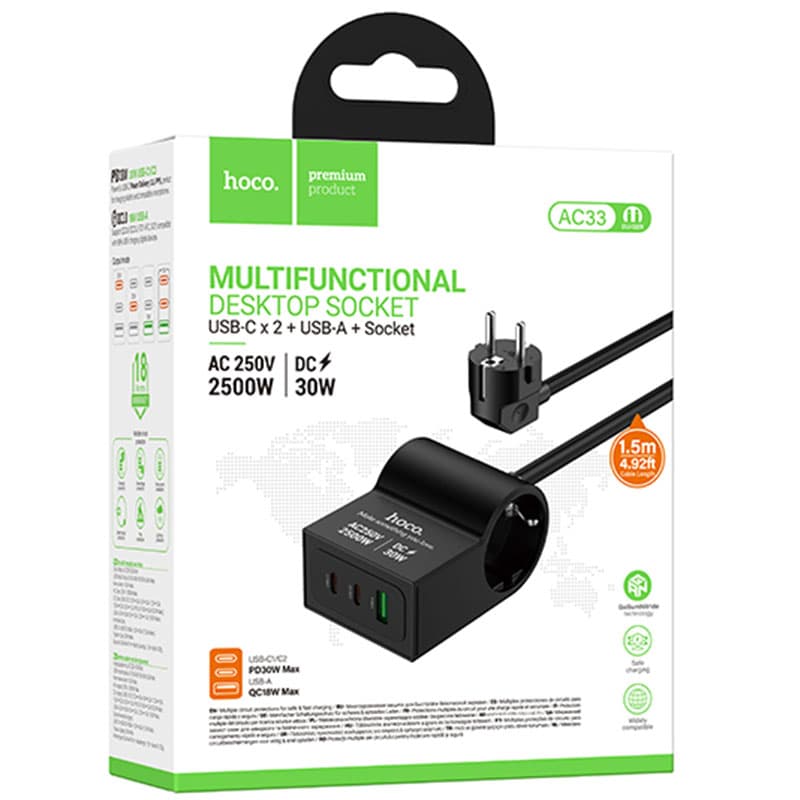 Hoco (AC33) - Prelungitor electric, 30W, 2xUSB-C &amp; 1xUSB-A, Black