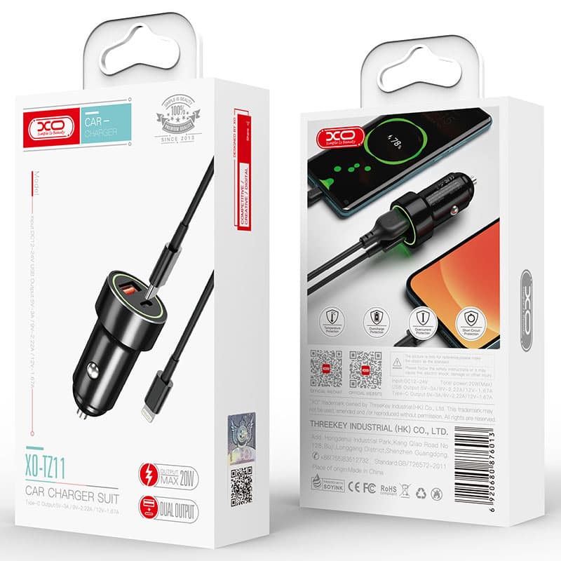 XO (TZ11) - Incarcator Auto + Cablu Lightning, 18W, 1xUSB-C, 1xUSB-A, PD, QC 3.0, Black 1