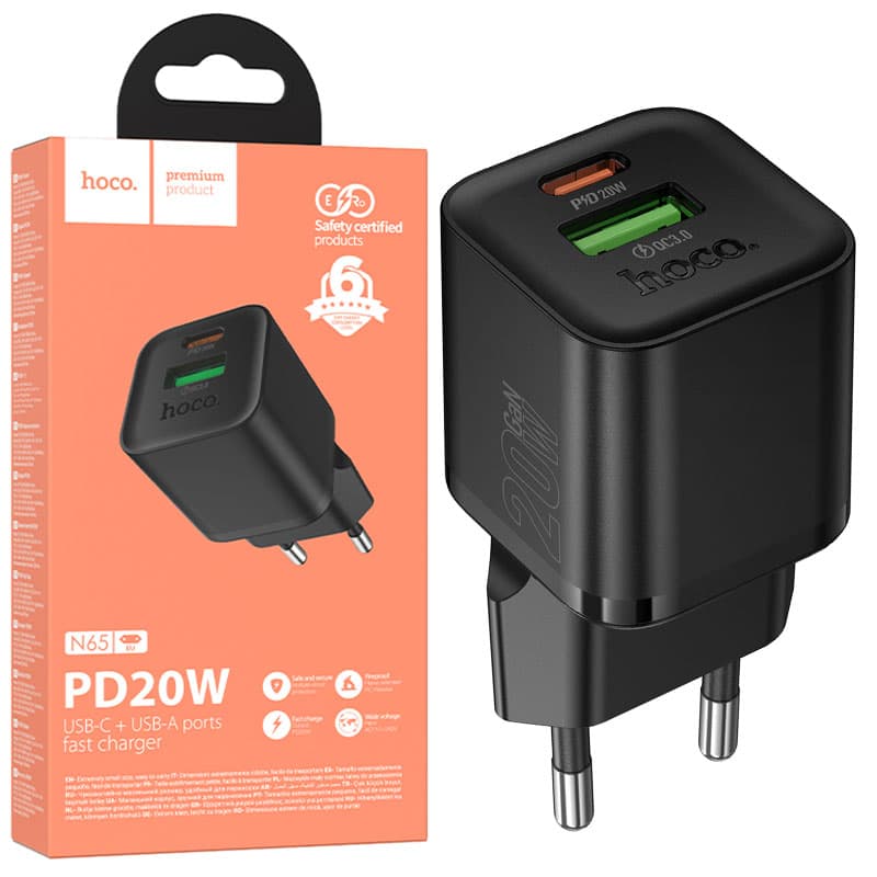 Hoco (N62) - Incarcator Retea + Cablu Lightning, 1m, PD30W, 1xUSB-C, 1xUSB-A, Black 1
