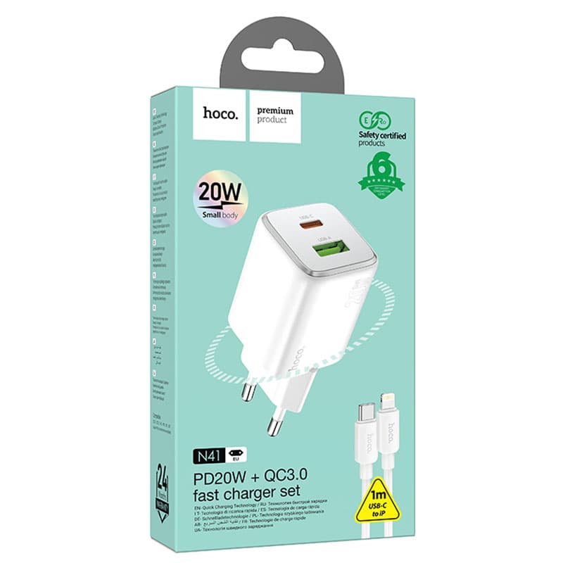 Hoco (N41) - Incarcator Retea + Cablu Lightning, 20W, 1xUSB-C, 1xUSB-A, PD, QC 3.0, White 1