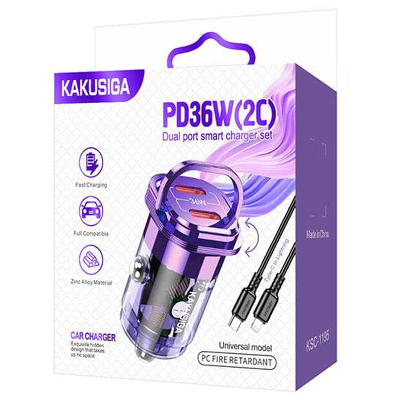 Kaku (KSC-1195) - Incarcator Auto + Cablu Lightning, 1m, 3.4A, 2xUSB-C, RingPull, Purple 1