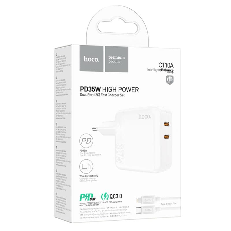 Hoco (C110A) - Incarcator Retea + Cablu Lightning, 35W, 2xUSB-C, PD, White 1