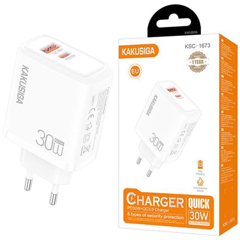 Kaku (KSC-1673) » Incarcator Retea, PD30W, 1xUSB-C, 1xUSB, QC 3.0, FastCharging, White 1