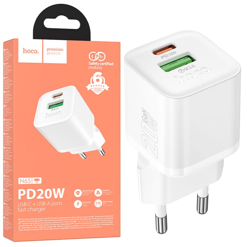 Hoco (N65) - Incarcatoare Priza, 1xUSB-C, 1XUSB-A, PD+3.0 QC, White 1