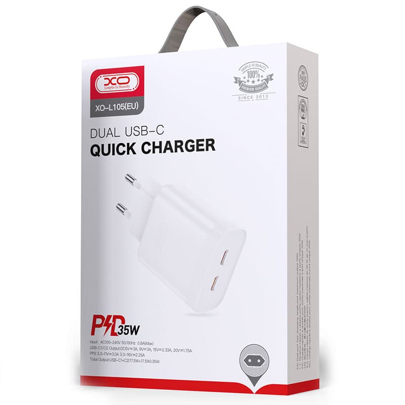 XO (L105) - Incarcator Retea, 35W, 2xUSB-C, PD, White 1