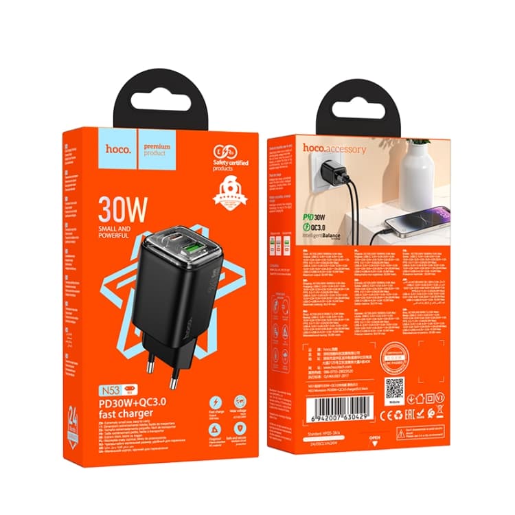 Hoco (N53) - Incarcator Retea, PD30W, 1xUSB-C, 1xUSB-A, Black 1