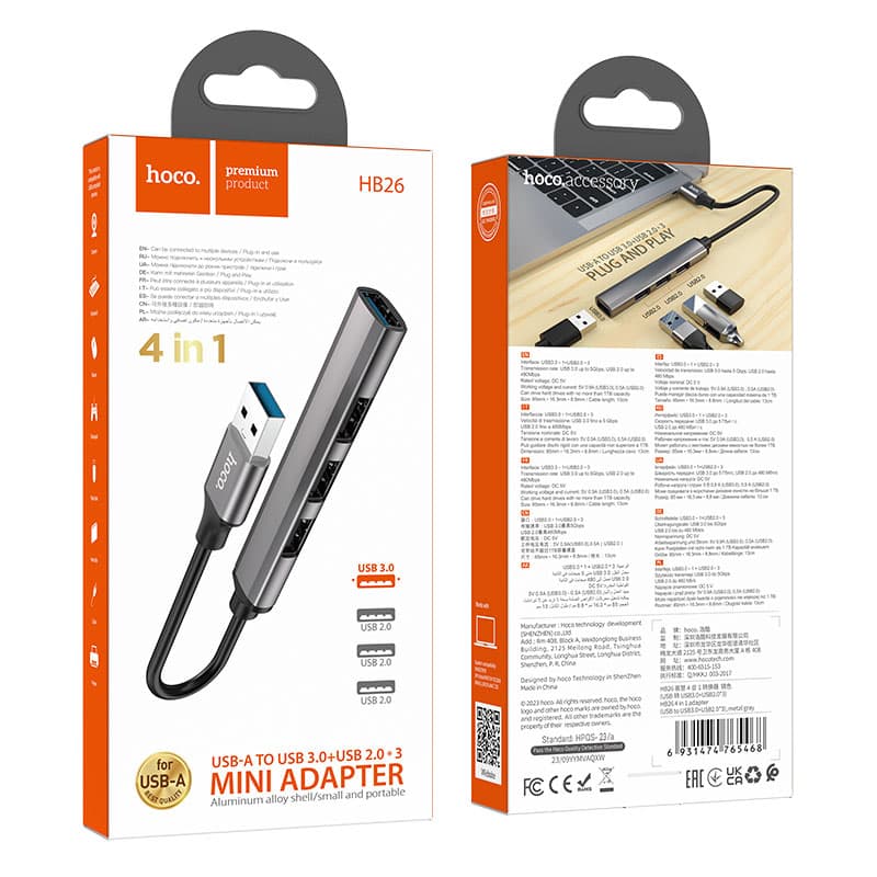 Hoco (HB26) - Hub USB, MultiPhoneort, USB-A la USB-A 3.0, 3 x USB-A 2.0, 4 in 1, Grey 1