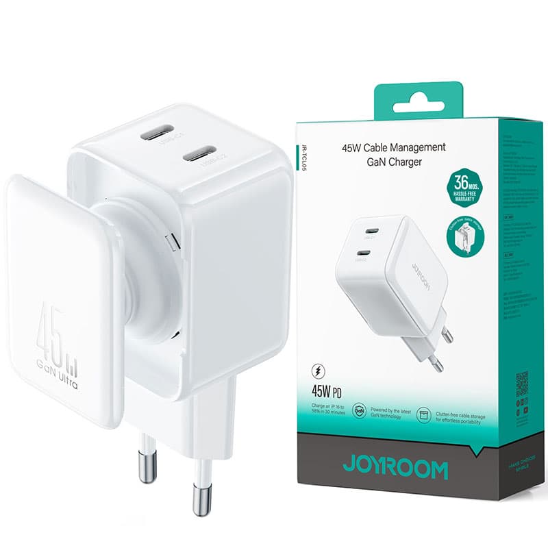 Joyroom (JR-TCL05) - Incarcator Retea, GaN 45W, 2xUSB-C + Cablu USB-C, 1m, Cable Deposit, White 1