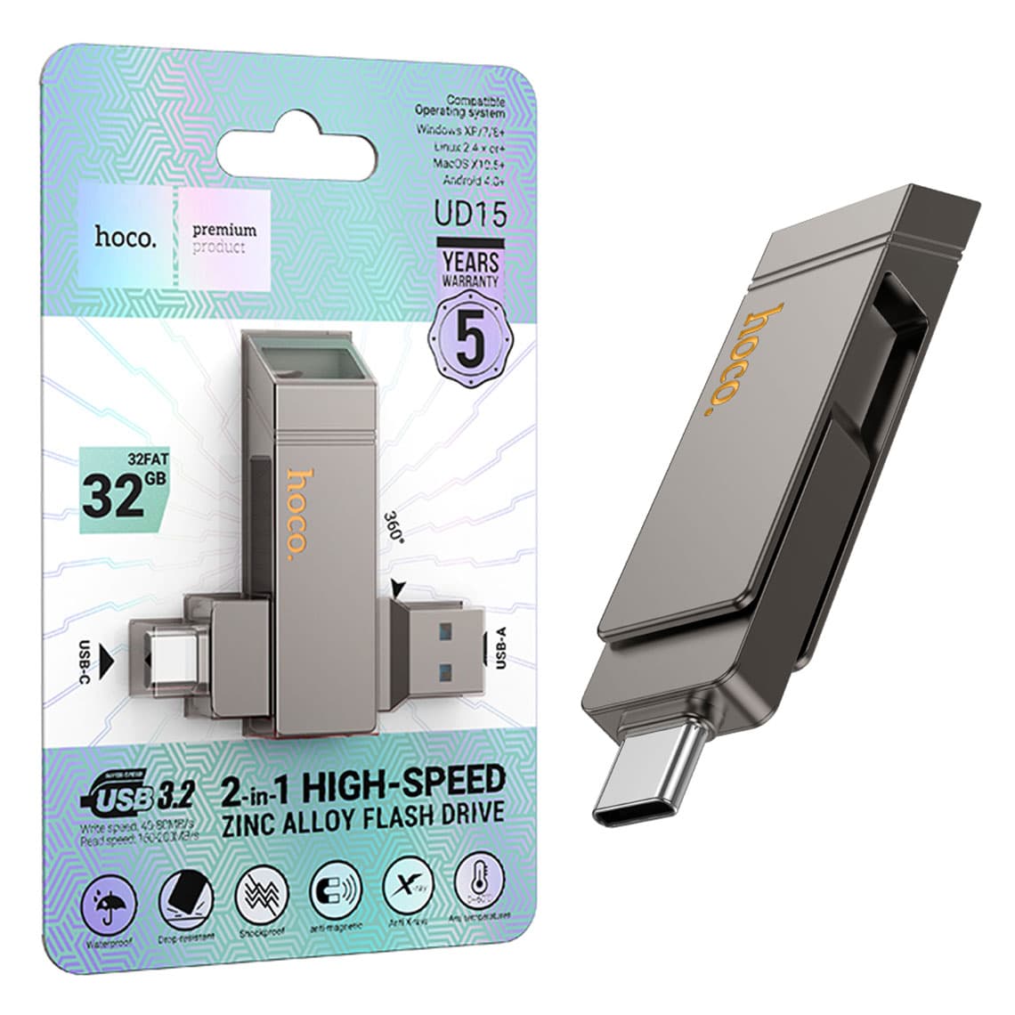 Hoco (UD15) - Memory Stick, 32GB, Dual USB-C + USB-A 3.2, High Speed, Flash Drive, Grey 1