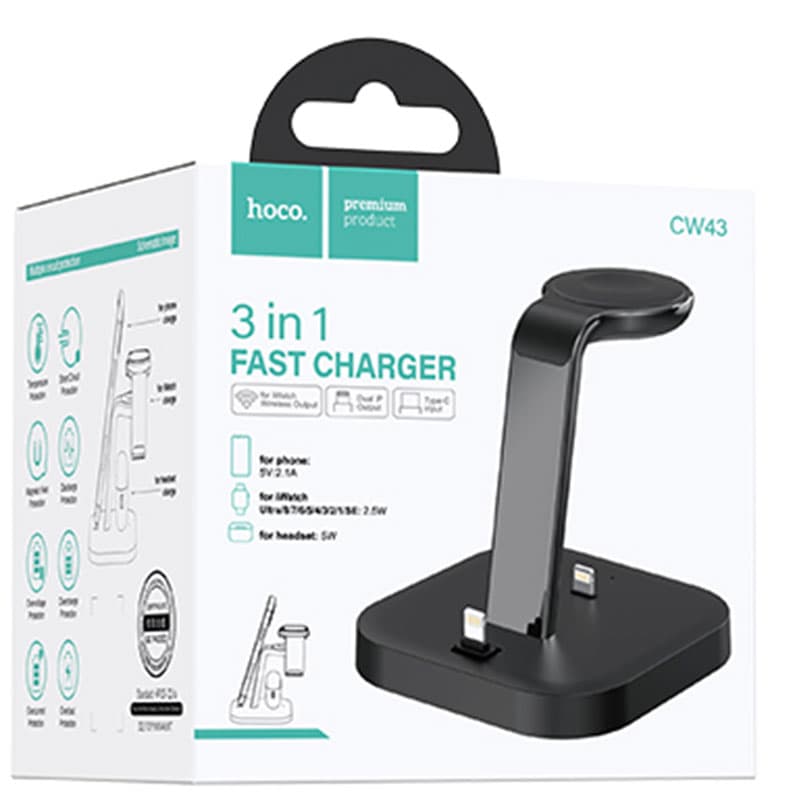 Hoco (CW43) - Incarcator Wireless, 2 x Lightning Output, 5W, 5V, 2.4A, Qi Charging, 3 in 1, Black 1