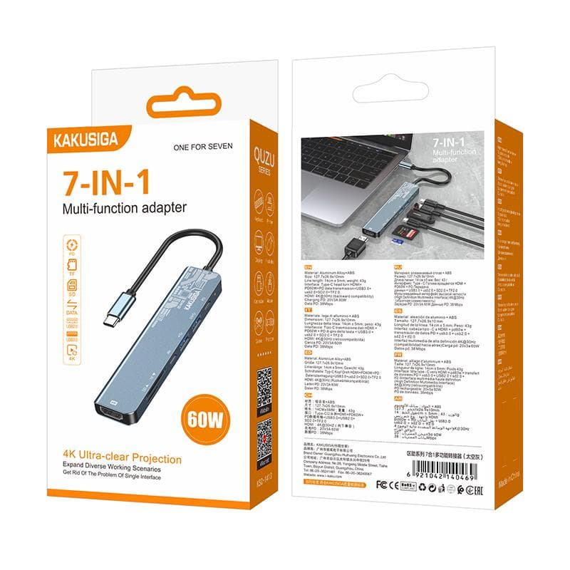 Kaku (KSC-1413) - Hub USB, Date si Incarcare, USB-C la HDMI, SD Reader, 7 in 1, Grey 1