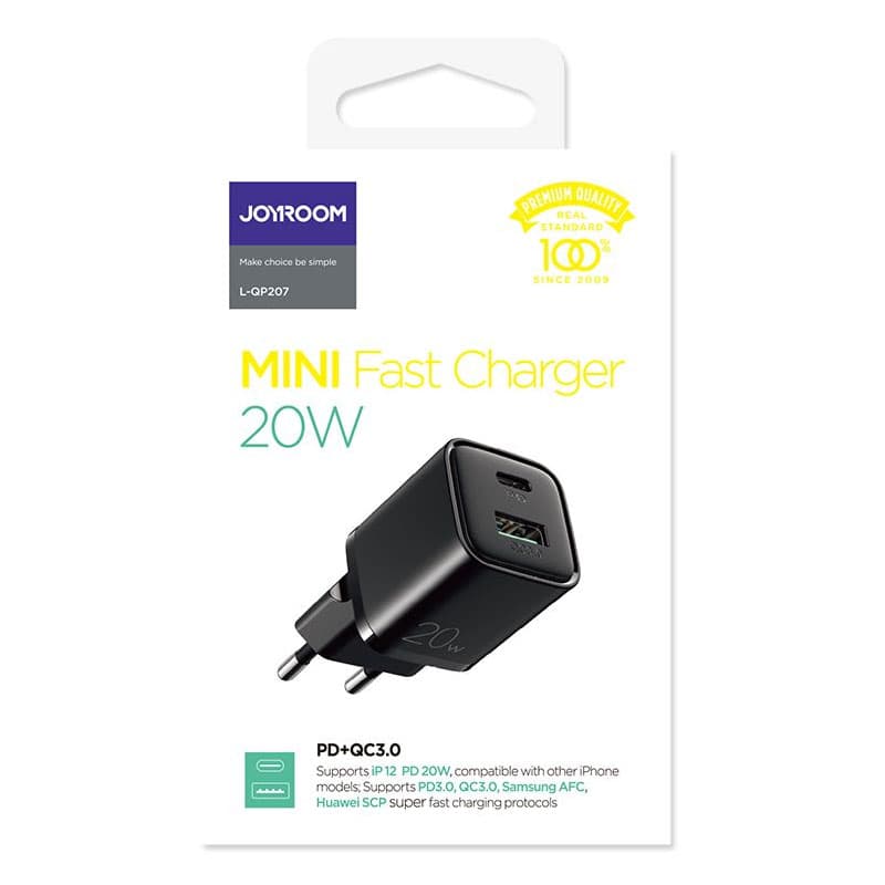 Joyroom (L-QP207) - Incarcator Retea, 20W, 1xUSB-C, 1xUSB-A, PD, QC 3.0, Black 1