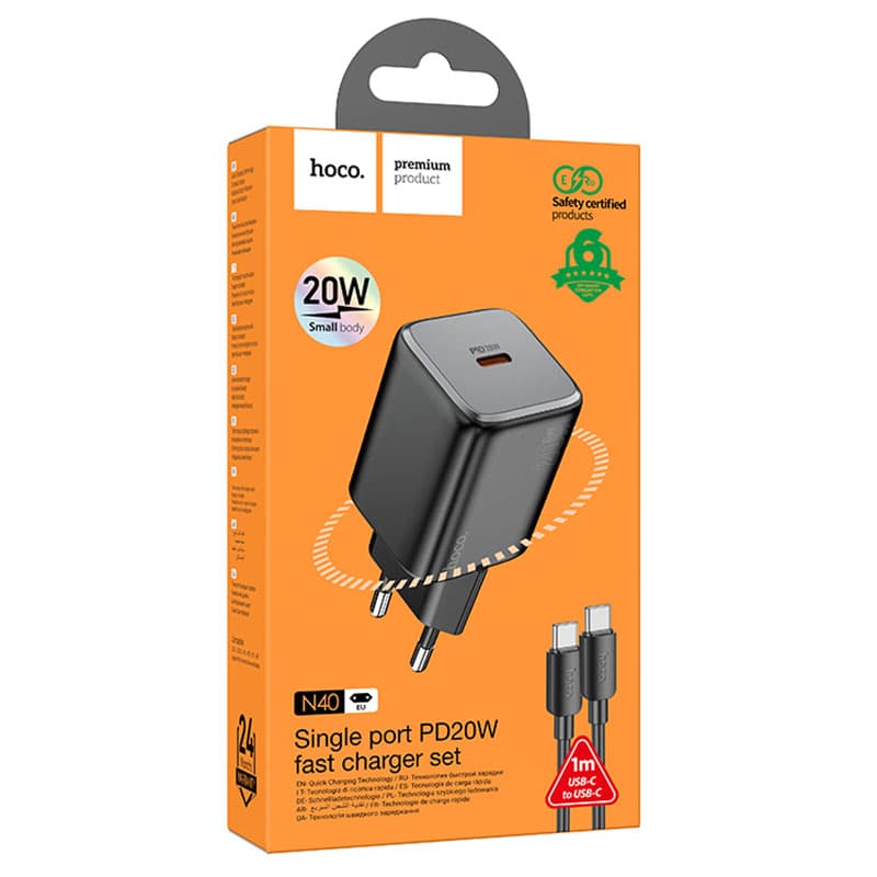 Hoco (N40) - Incarcator Retea + Cablu USB-C, 20W, 1xUSB-C, PD, Black 1
