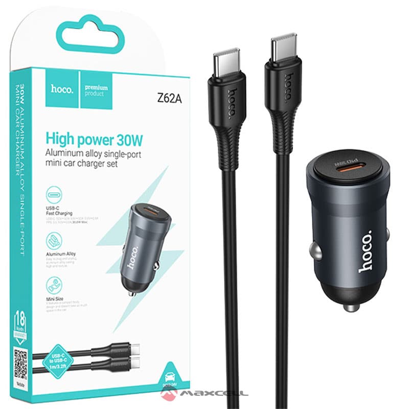 Hoco (Z62A) - Incarcator Auto cu Cablu, USB-C, 30W, 1xUSB-C, Grey 1