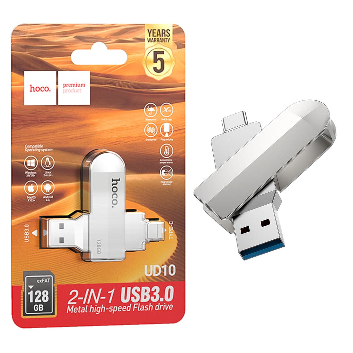 Hoco (UD10) - Memory Stick, 128GB, Dual USB-C + USB-A 3.0, High Speed, Flash Drive, Silver 1