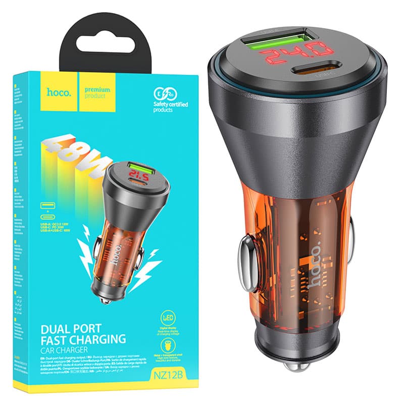 Hoco (NZ12B) - Incarcator Auto, 30W, 1xUSB-C, 1xUSB-A, PD, QC 3.0, Power LED, Clear, Orange 1