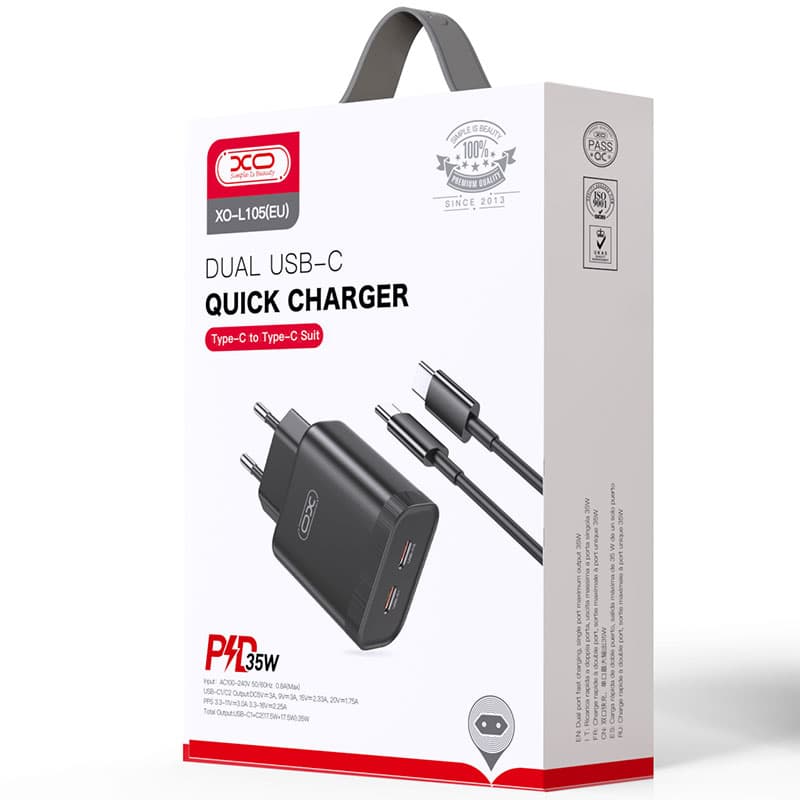 XO (L105) - Incarcator Retea + Cablu USB-C, 35W, 2xUSB-C, PD, Black 1