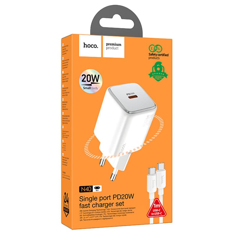 Hoco (N40) - Incarcator Retea + Cablu USB-C, 20W, 1xUSB-C, PD, White 1