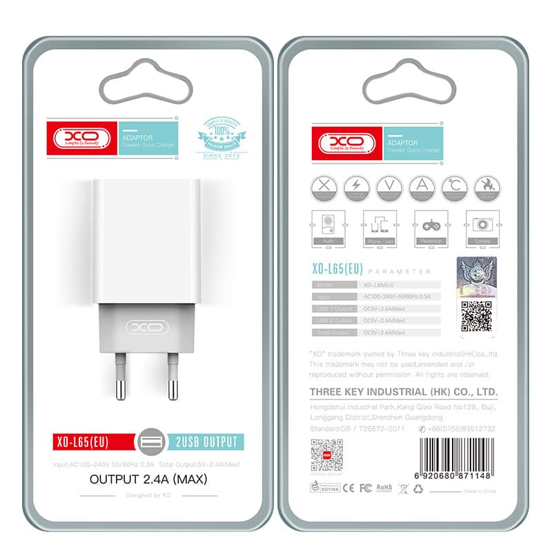 XO (L65) - Incarcator Retea, 2.4A, 2xUSB-A, QC 3.0, White 1
