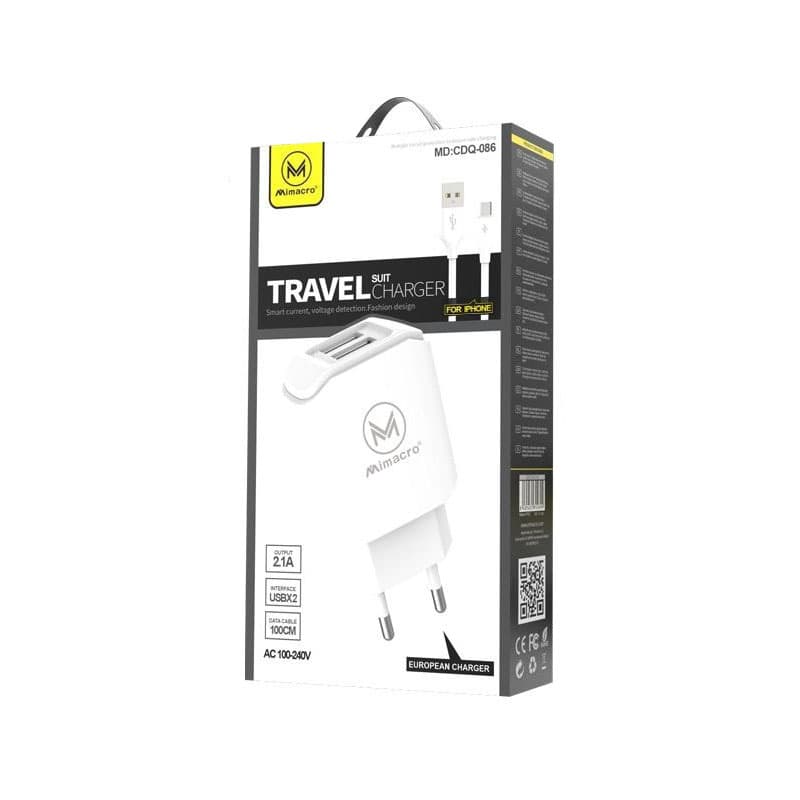 Maxcell (CDQ086) - Incarcator Retea + Cablu Lightning, 5V, 2.1A, 2xUSB-A, White 1