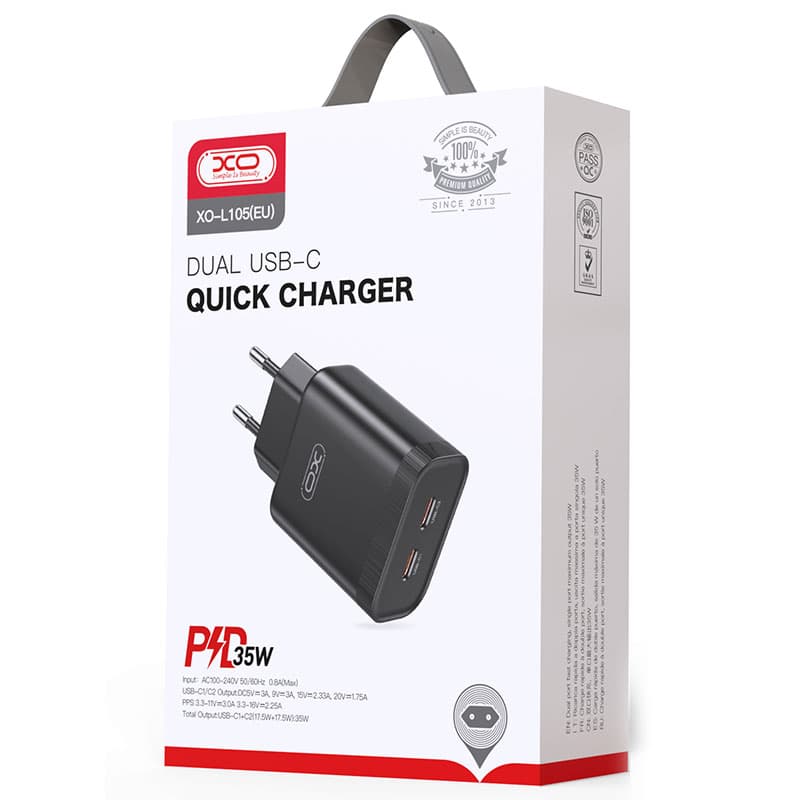 XO (L105) - Incarcator Retea, 35W, 2xUSB-C, PD, Black 1
