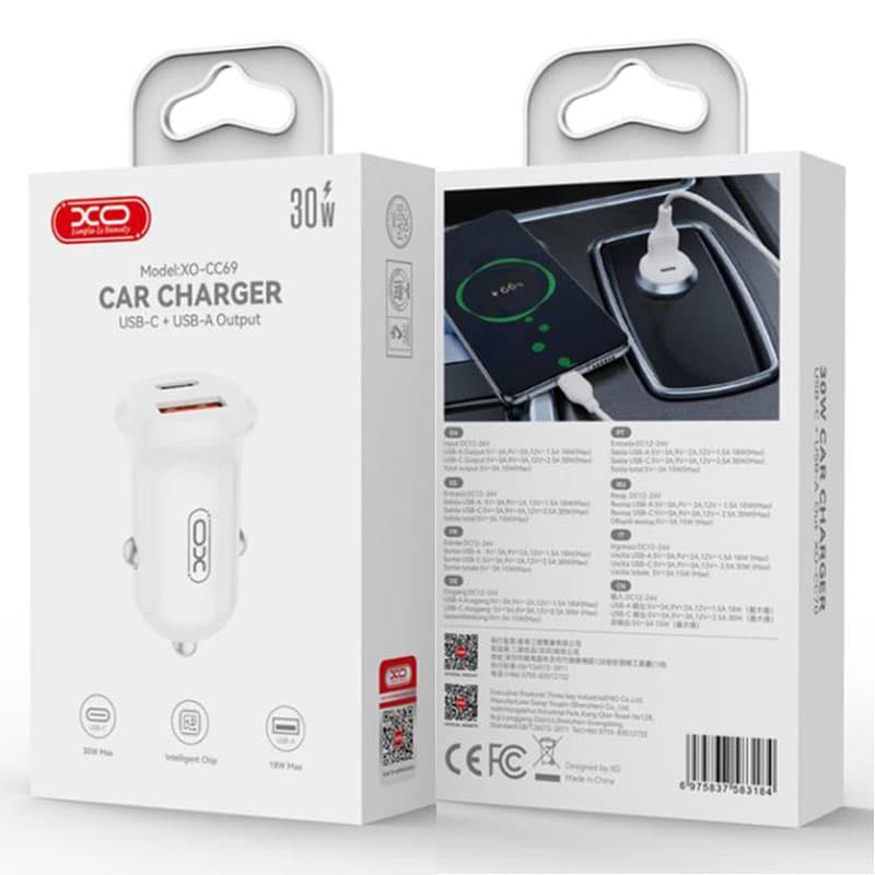 XO (CC69) - Incarcator Auto, PD30W, 1xUSB-C, 1xUSB, MiniSmart, White 1