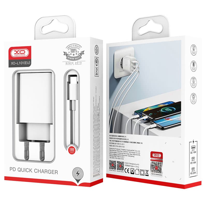 XO (L101) - Incarcator Retea + Cablu USB-C, 20W, 2xUSB-C, 1xUSB-A, PD, QC 3.0, White 1