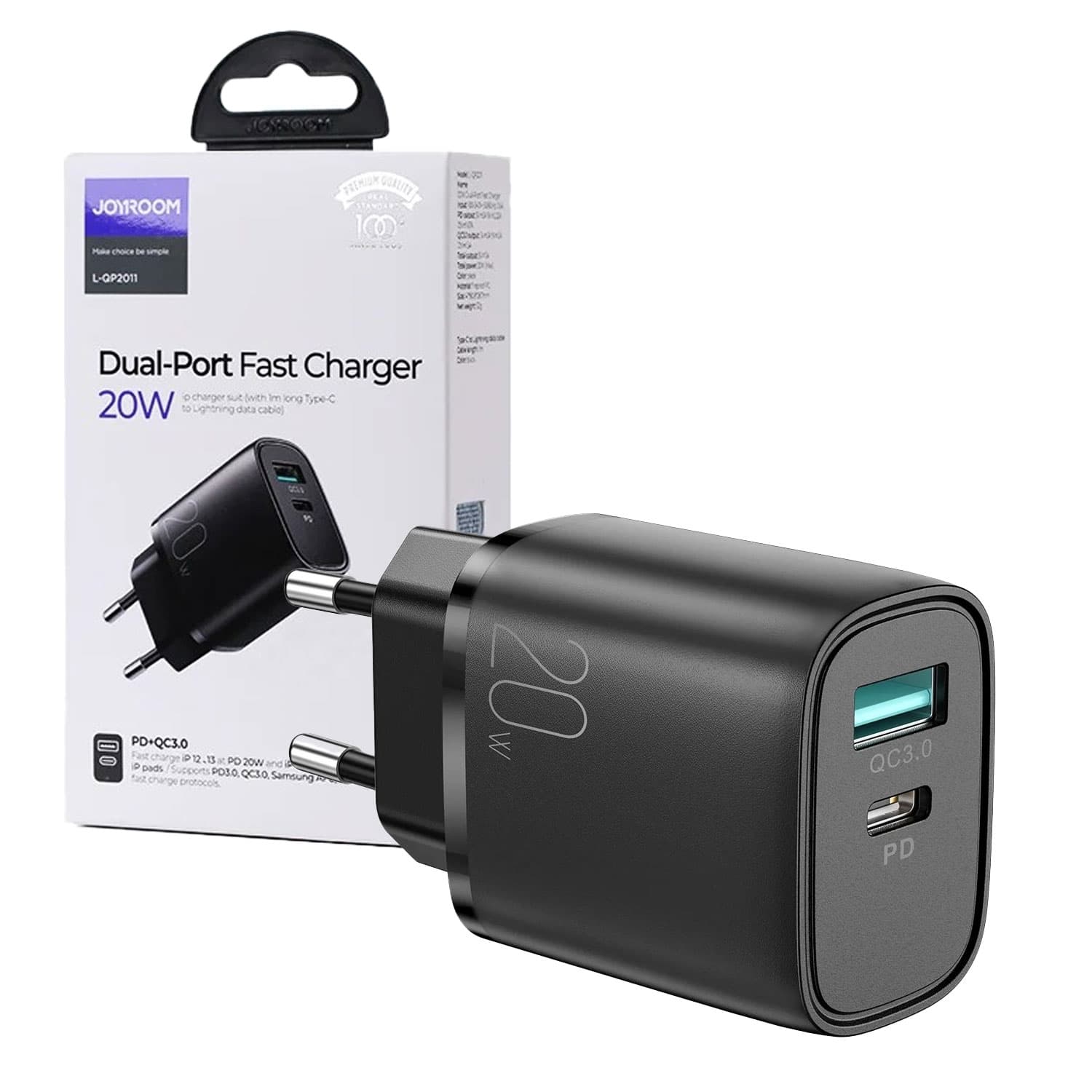 Joyroom (L-QP2011) - Incarcator Retea, 20W, 1xUSB-C, 1xUSB-A, PD, QC 3.0, Black 1