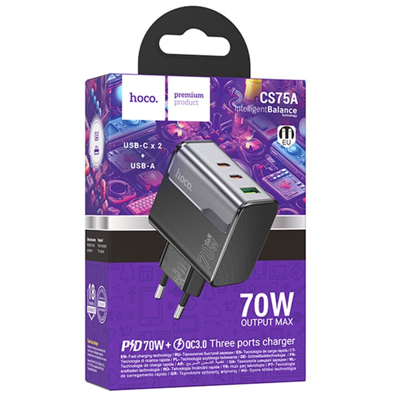 Hoco (CS75A) » Incarcator Retea, PD70W, 2xUSB-C, 1xUSB, Starspeed, Black 1