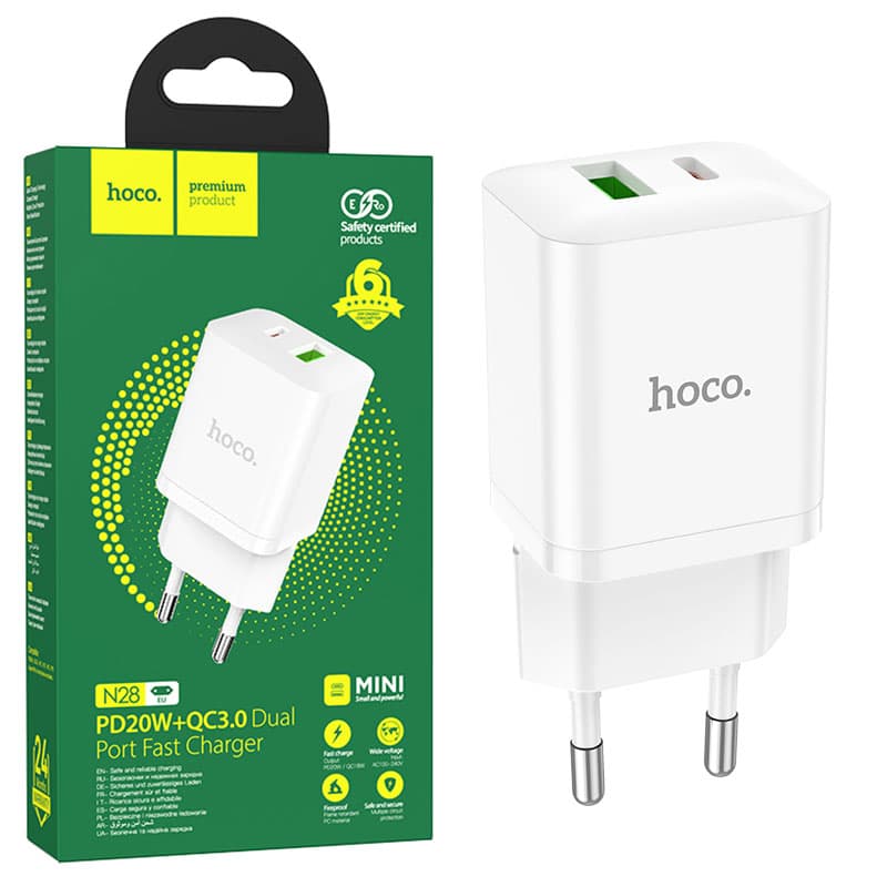 Hoco (N28) - Incarcator Retea, 20W, 1xUSB-C, 1xUSB-A, PD, QC 3.0, White 1