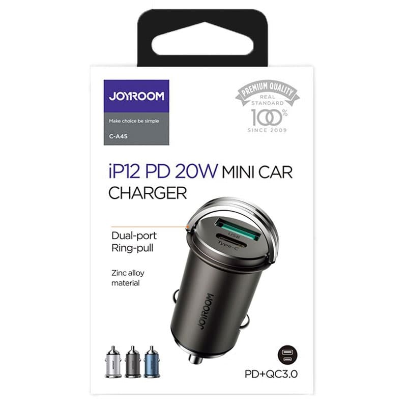Joyroom (C-A45) - Incarcator Auto, Mini, 20W, 1xUSB-C, 1xUSB-A, PD, QC 3.0, Ring-Pull, Black 1