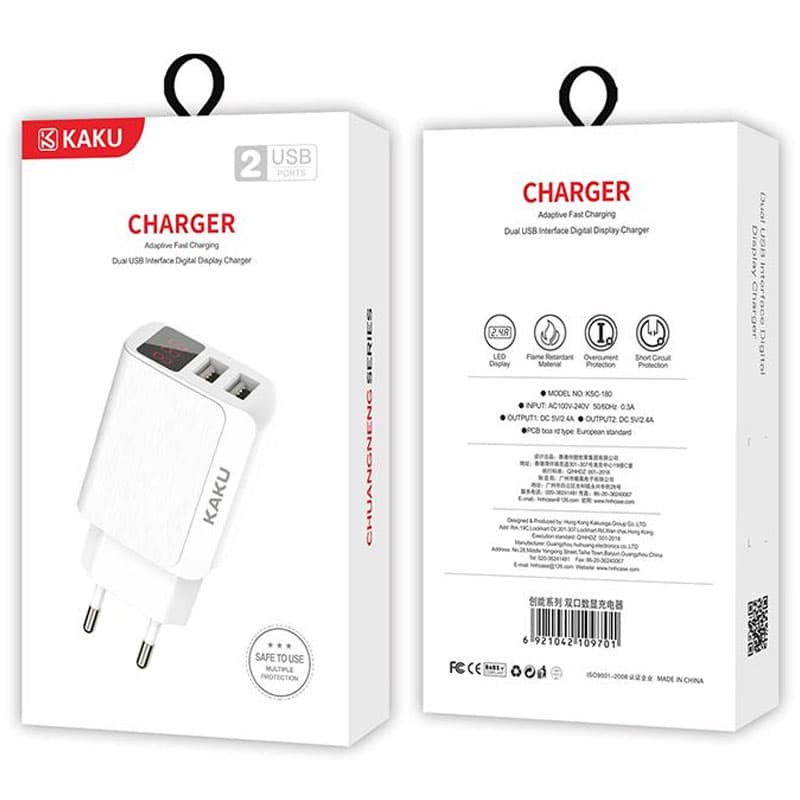 Kaku (KSC-180) - Incarcator Retea, 5V, 2.4A, 2xUSB-A, QC 3.0, Power LED, White 1